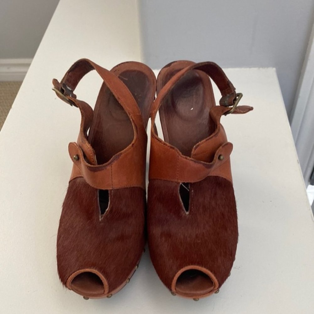 Ugg Brown Calf Hair Peep Toe Platform Heels Size 36.5